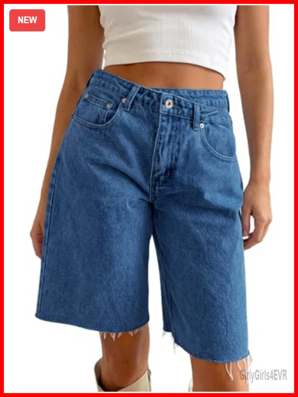 High Waisted Crossover Denim Shorts Asymmetrical Raw Hem Straight Leg Summer